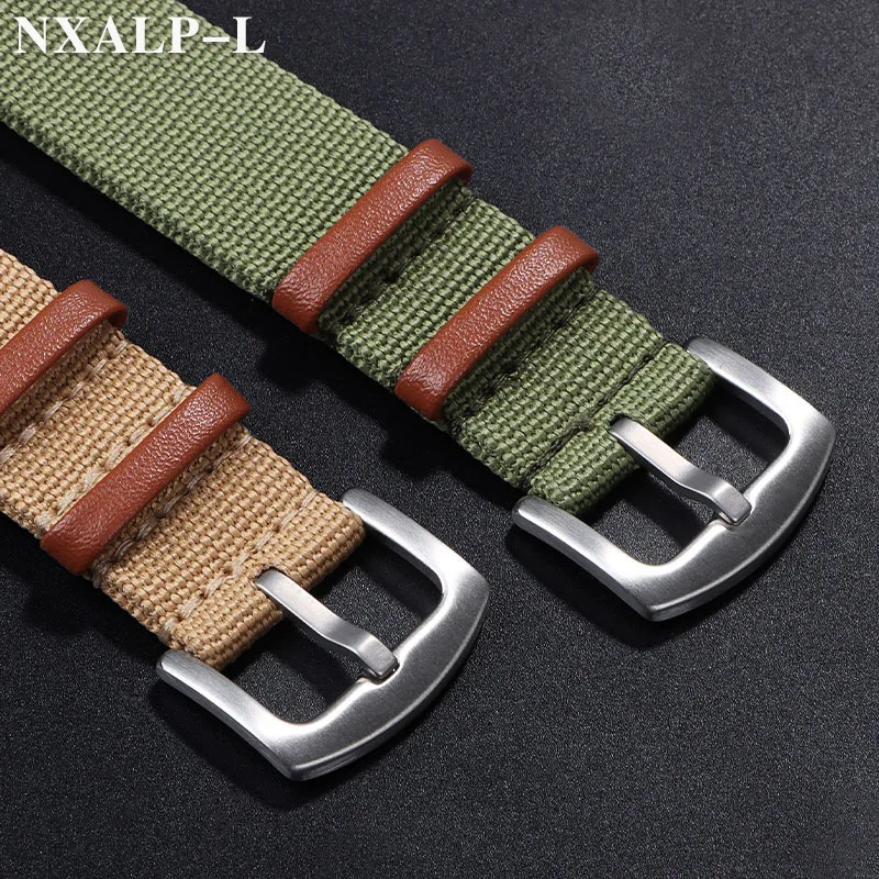 20mm 22mm Nylon Patch Leather Strap Green Brown Canvas Bracelet Men\'s Military Sport Watchband for Rolex for Seiko Wristband