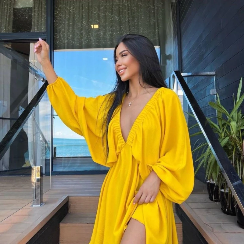 Spring Summer Long Sleeve Dress Women 2026 New Fashion Loose Casual Pure Colour V-Neck Puff Sleeve Dress Female