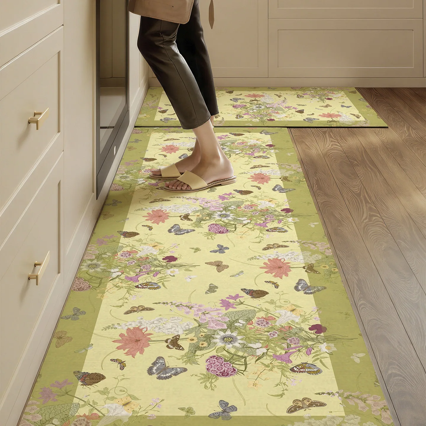 

Floral Kitchen Mat Floor PVC Leather Washable Mat Anti-slip Rug Advanced Light Luxury Home Decoration Carpet Long Rugs שטיח מטבח