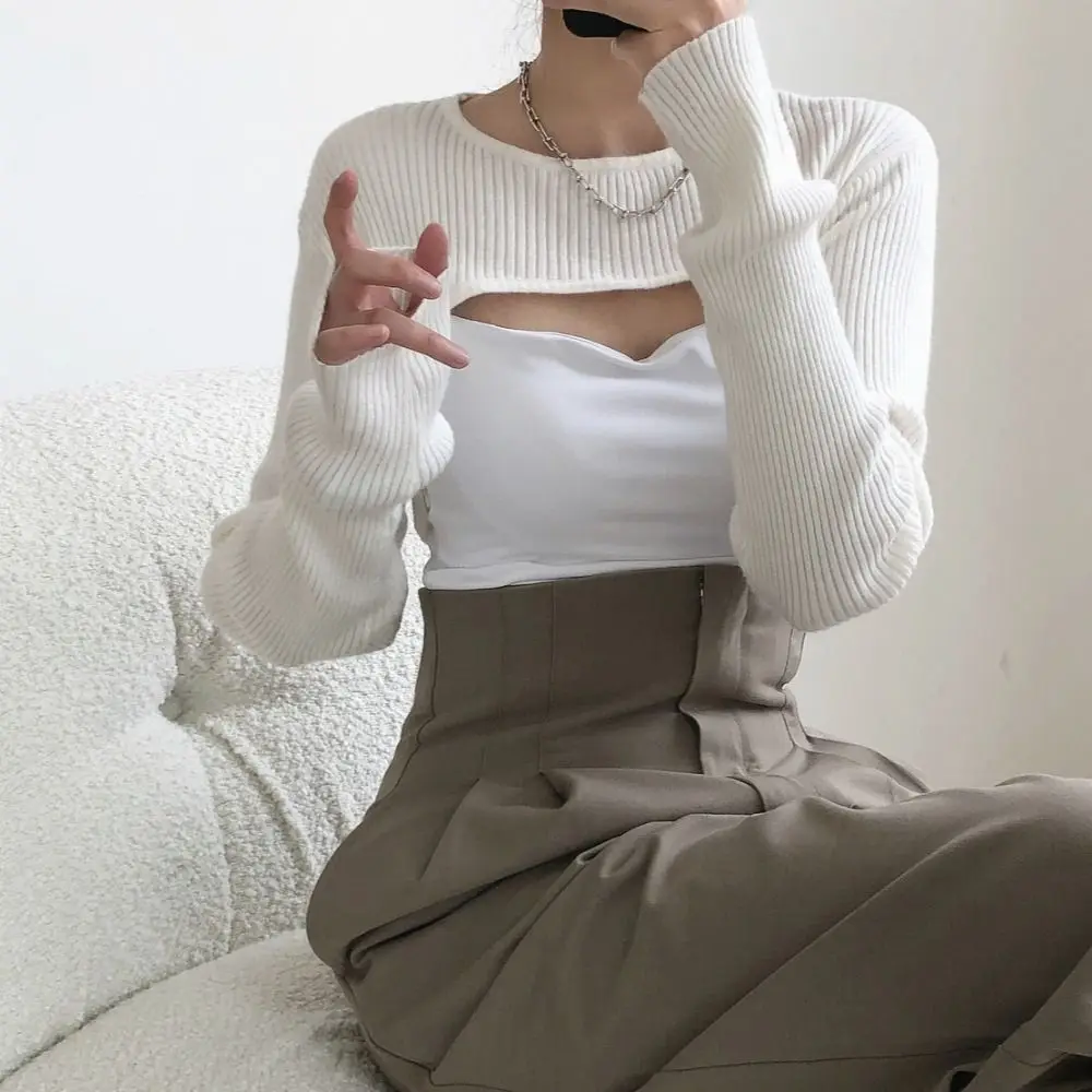 Soft Slim Knit Long Sleeve Crop Top Thin Solid Color Cropped Sweaters Pullovers Simple Harajuku O-neck Knitted T-shirt Lady