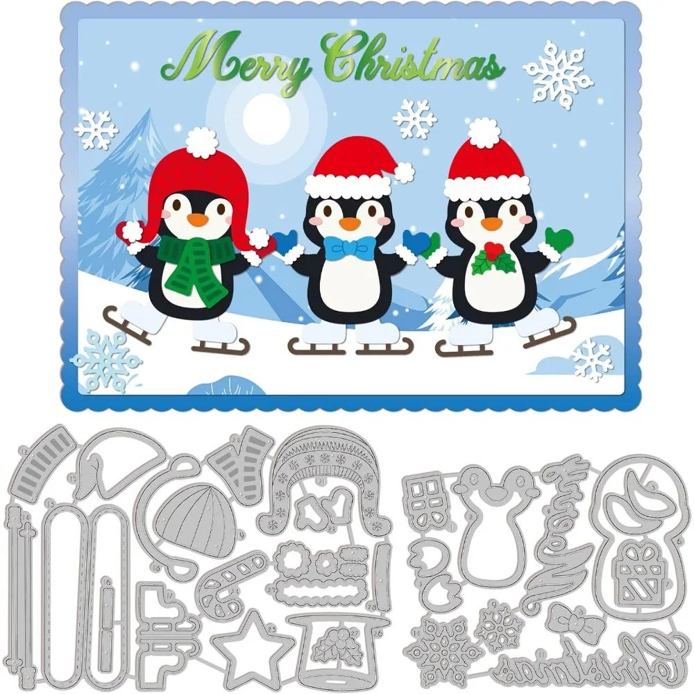 Winter Penguin Cutting Dies Hat Gift Steel Die Cuts Snowflakes Words Die Cut for Scrapbooking Card DIY Craft