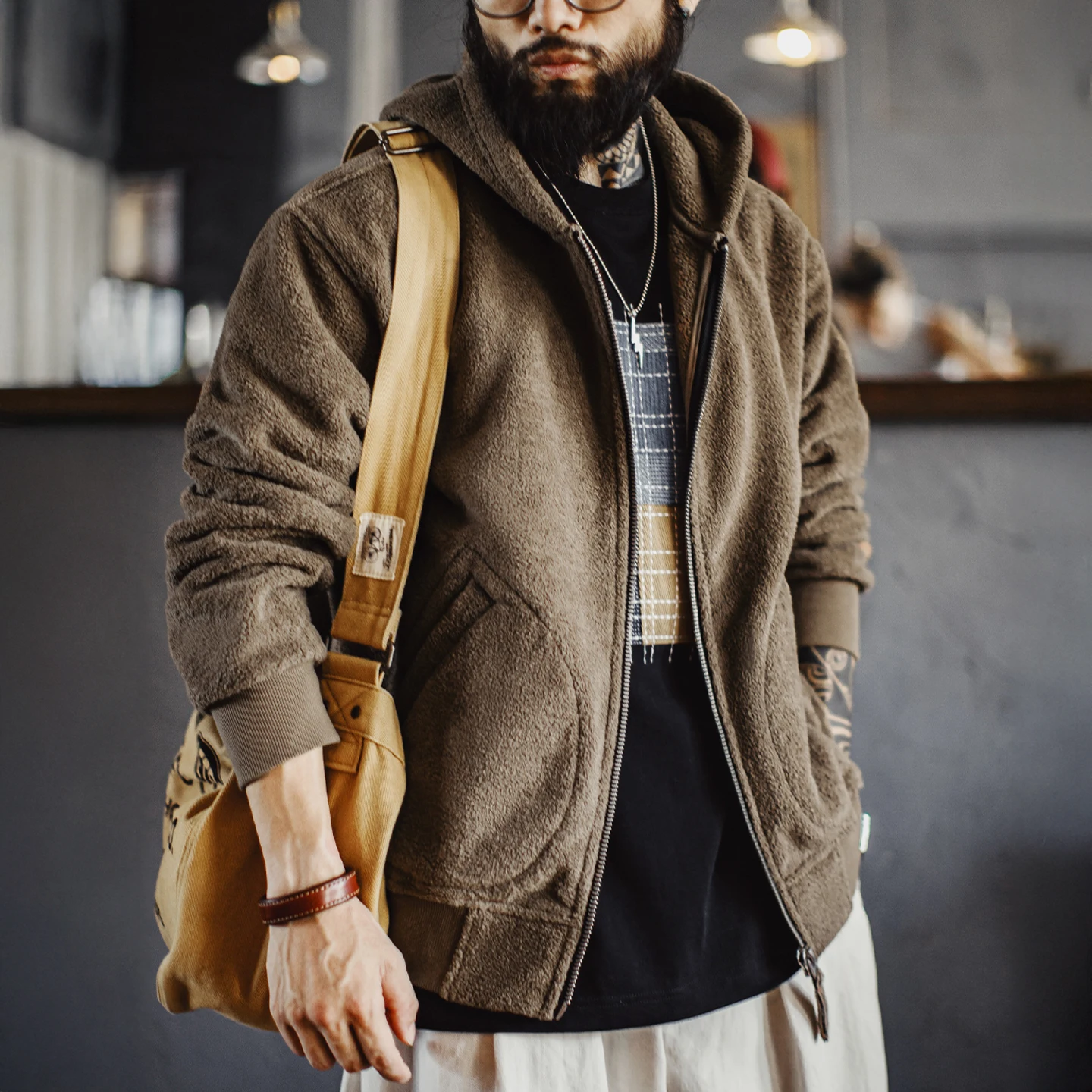 Maden Men‘s Vintage Fleece Zip Up Hoodie Jacket Winter Thick Warm Plush Hooded Coat Casual Outdoor Layering