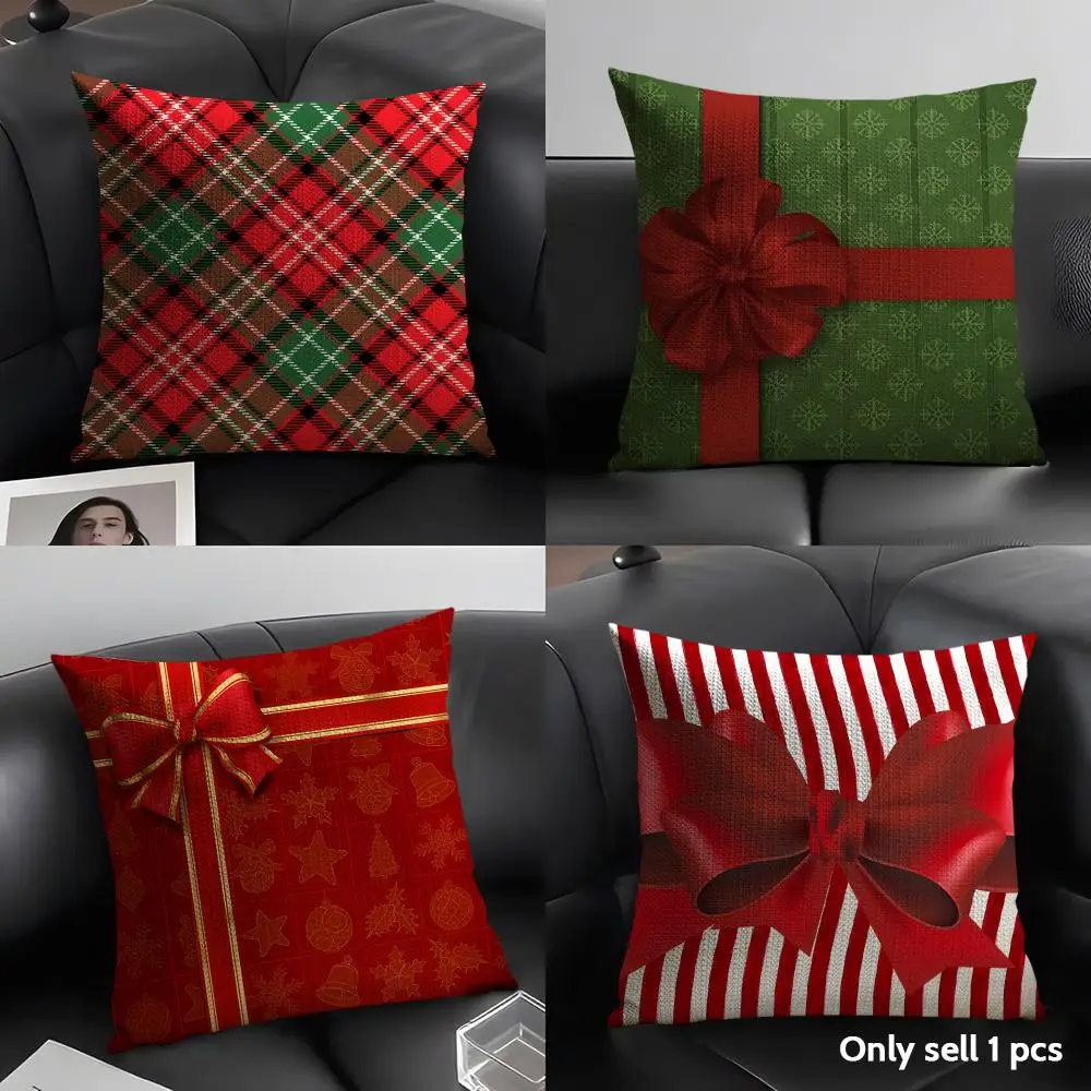 Gift Red Box Bow Cushion Cover Natural Linen Organic Fabric Double-Sided Printing Sofa Home Decor Gift Pillow Case