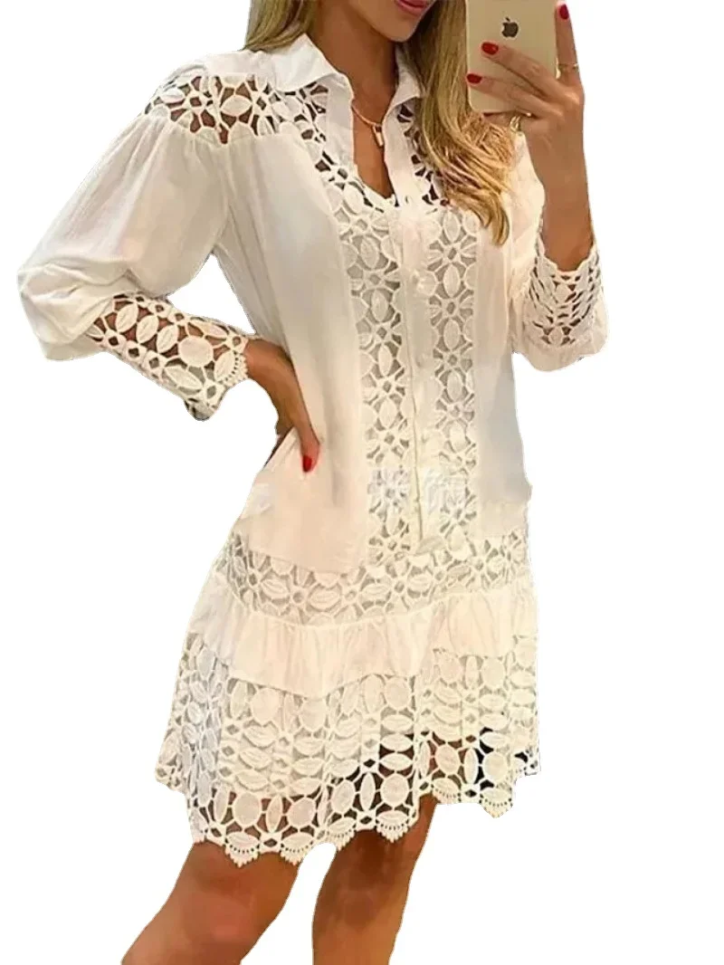 Robe en dentelle à manches longues pour femmes, chemise découpée, épissage de documents solides, élégante et vintage, mode féminine, printemps et été, Y2K