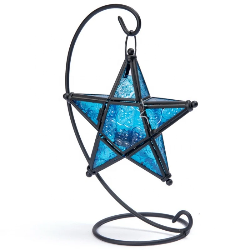 

Hot Sale Moroccan Iron Stained Glass Pentagram Candle Holder Retro iron lantern for Home Hotel Bar Wedding Decorations