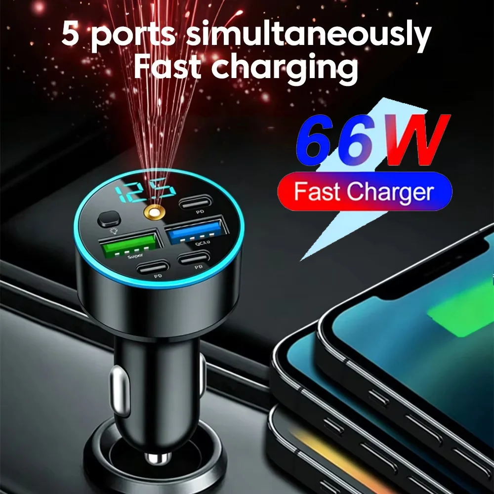 66W 5 Port Car Charger Fast Charging Adapter 2 USB 3 PD USB Type C Cellphones Charger with Starry Sky Lamp For iPhone Samsung