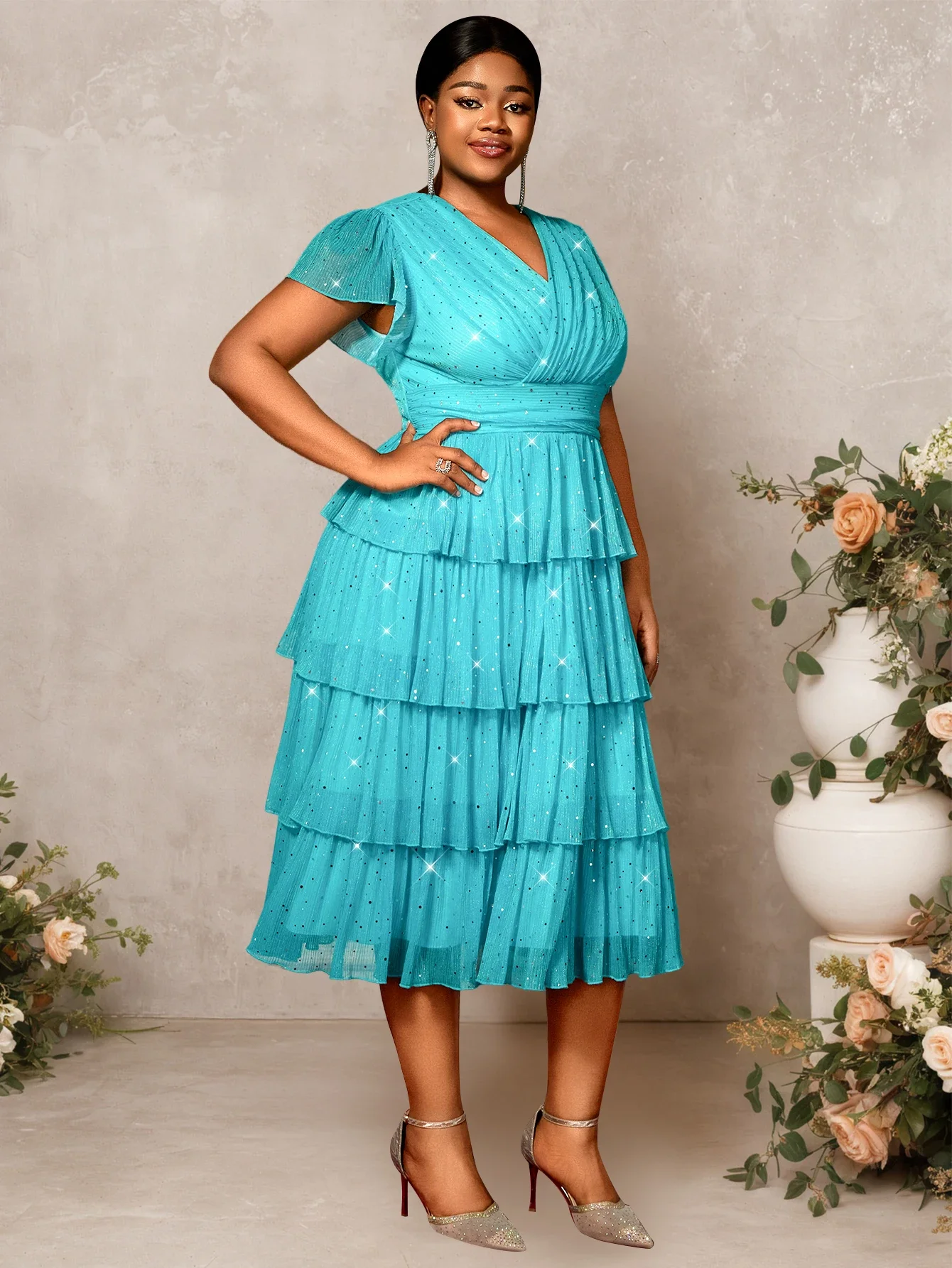 

Women Plus Size Mesh Midi Dress V Neck Short Sleeves Sequins Layered Skirt Perfect for Wedding Guest Party or Special Occasions