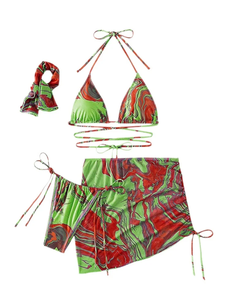 Costume da bagno donna bikini 2025 Nuova stampa Halter Design Bikini Set Costumi da bagno sexy Estate Set quattro pezzi Costume da bagno beachwear Donna