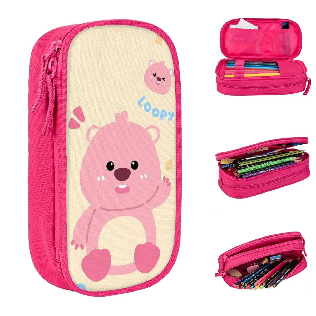 

Large-capacity Pencil Case Cartoon Beaver Loopy School Supplies Kawaii Double Layer Pencilcase Girl Makeup Bags Suprise Gift