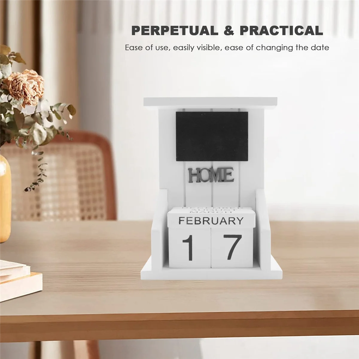 Wooden Desk Block Calendar-Perpetual Calendar Month Date Display Home Office Decoration (White)