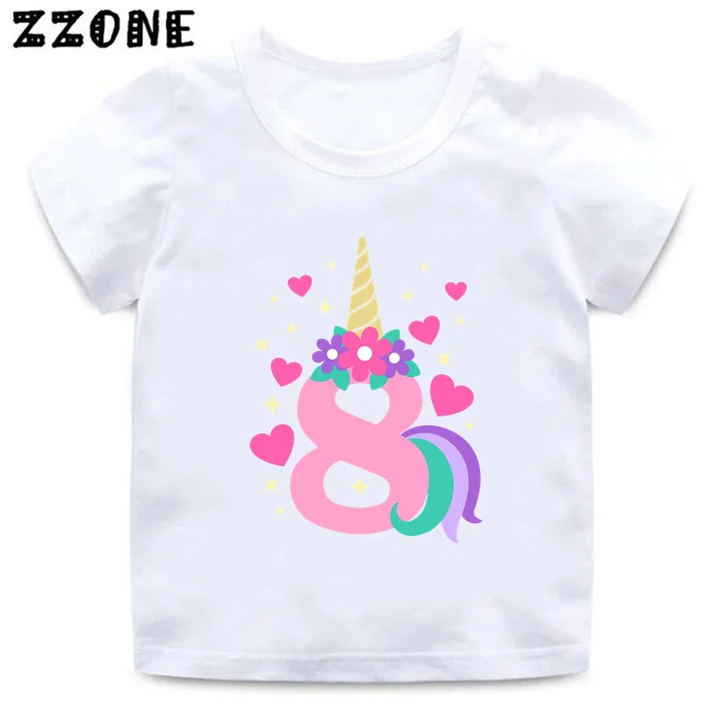 Cute Unicorn Print Girls Clothes 1 2 3 4 5 6 7 8 9 Years Happy Birthday Number Bow Kids Short Sleeve T shirt Baby Boys T-Shirts