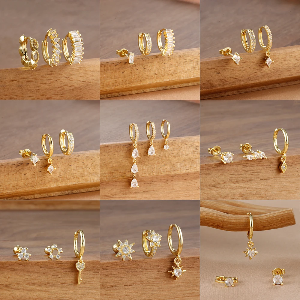 3PCS Exquisite Mode Gold Farbe Funkelnden Zirkon Stern Hoop Ohrringe Set Für Frauen Kreative Kleine Charme Ohrring Hochzeit Schmuck