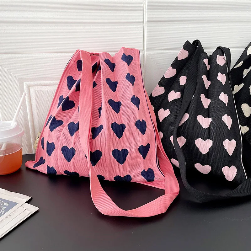 Summer Korean Style Heart Pattern Foldable Shoulder Bag Knit Handwoven Valentine's Gift Black Pink Soft Casual Tote Wholesale