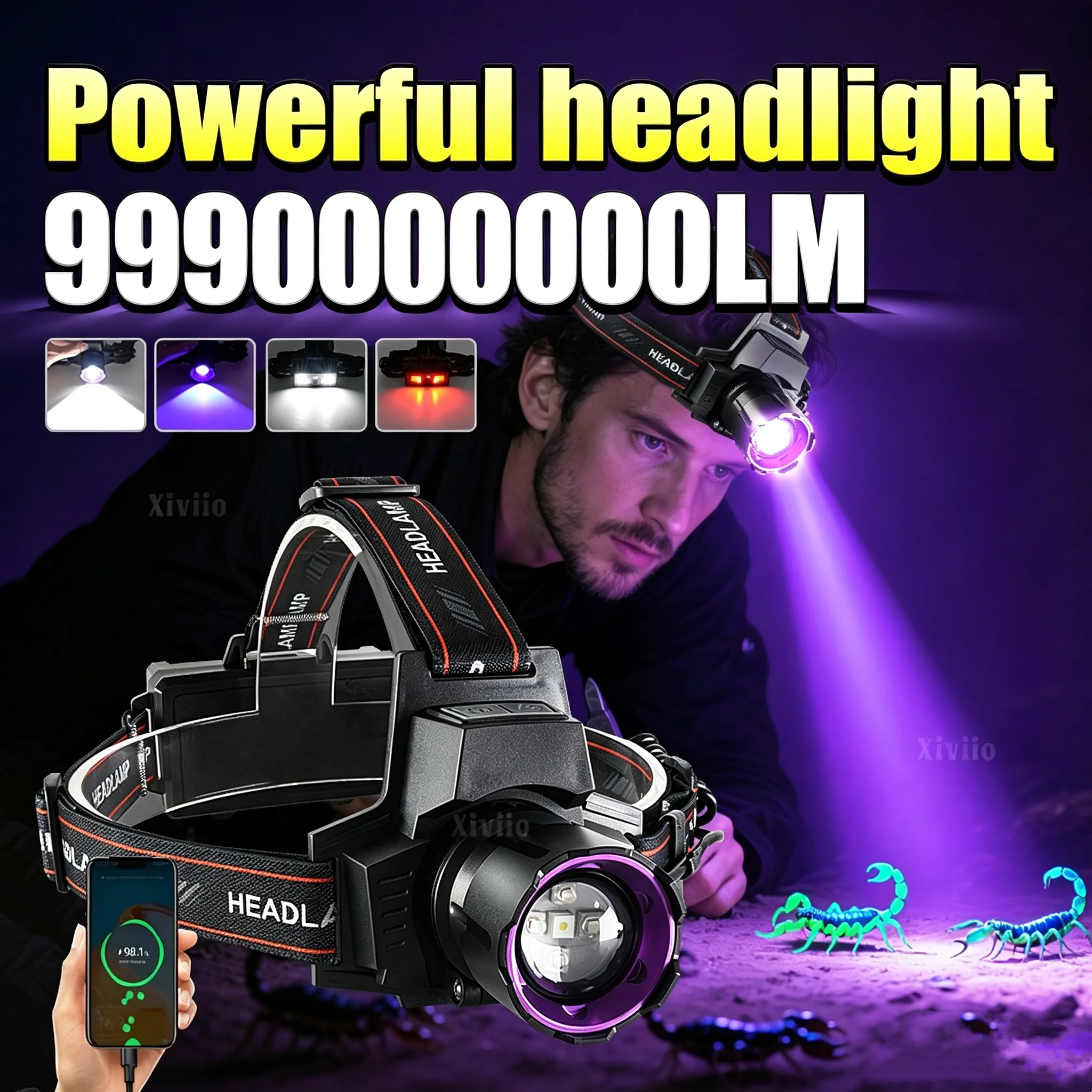 30W+4*XPG LED Purple Light Headlamp 999000000LM Telescopic Zoom Rechargeable Head Torch Fishing Hunting Hiking Outdoor Work Lamp