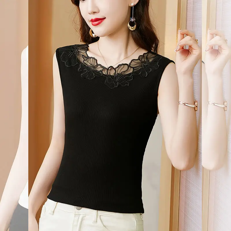 

Lace Patchwork Slim Tanks Summer New Solid Color Sleeveless All-match Plus Size Bottoming Tops Fashion Elegant Women Clothing