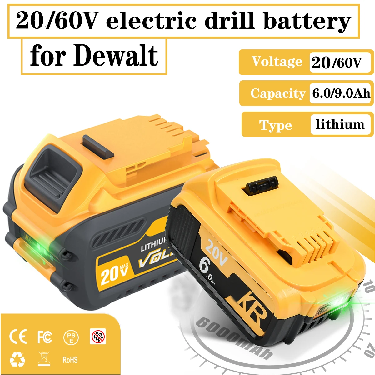 20V 60V for DEWALT screwdriver battery for dewalt dcf850 dcf887 dcf922 DCB182 DCB205-2 DCB206-2 power tool battery & charger