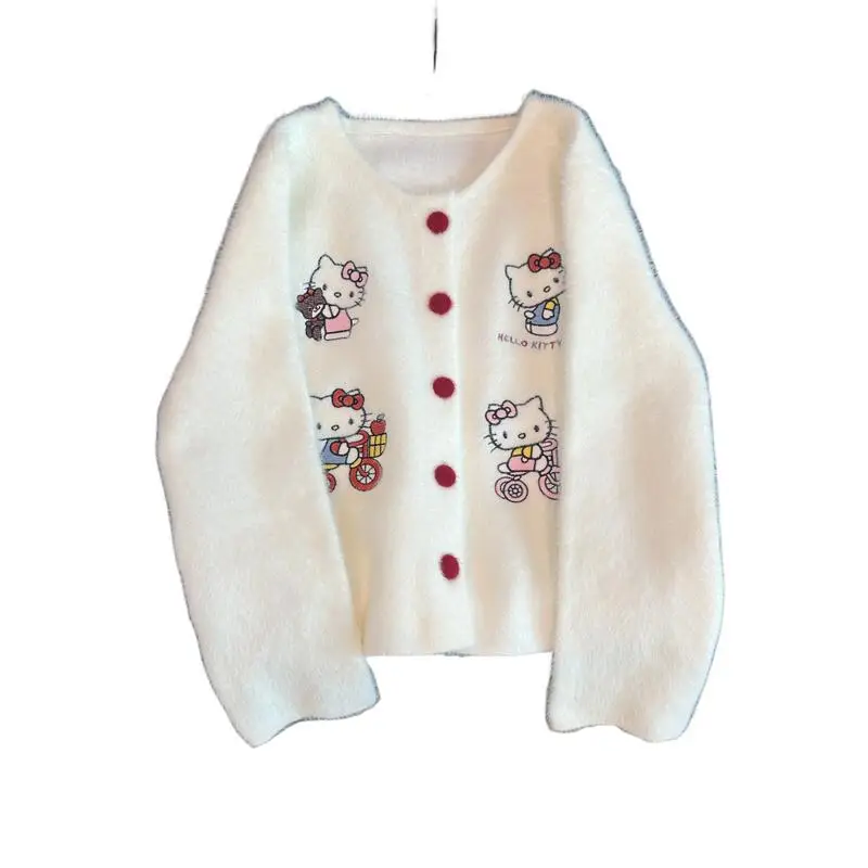

Sanrios Cartoon Hello Kittys Knitted Sweater Hooded Cardigan 2026 Autumn New Sweet Girl Commuting Coat Fashion Loose Jacket Gift