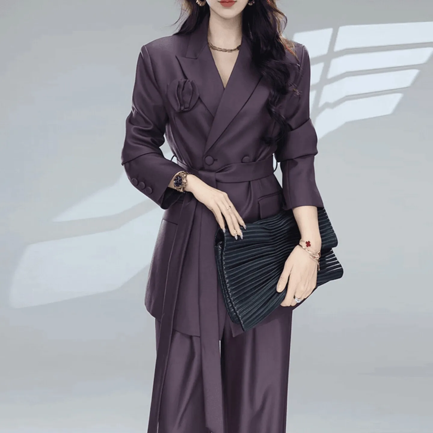 

SuperAen Spring New Oversize Notched Purple Belted Suits Long Wide-leg Pants Casual Office Lady Women Sets