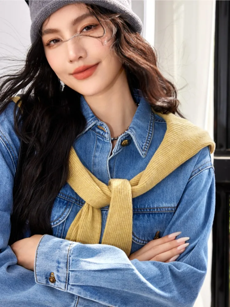 French Blue Denim Shirt For Women, 2024 Autumn And Winter New Item, Versatile And Loose Casual Top With A Collar