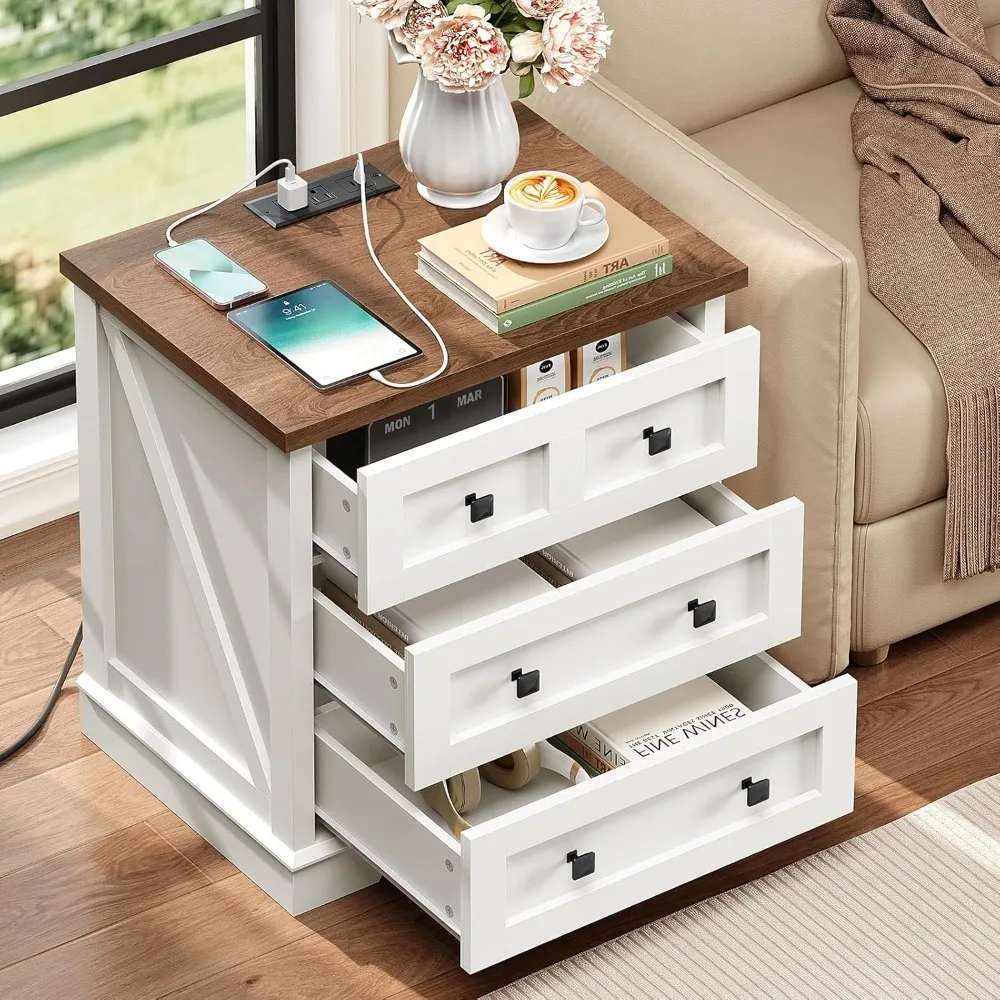 HOOBRO Farmhouse Nightstand with 3 Drawers, 23.6 Inch Wide End Table with Charging Station, Large End Table for Bedroom, Living