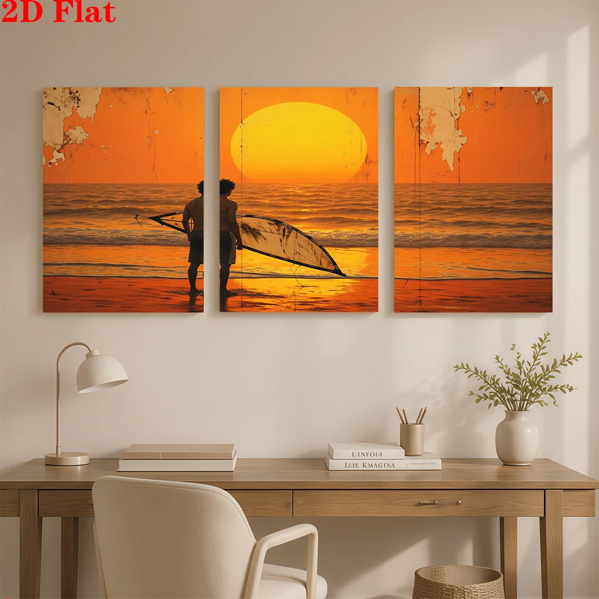 Frameless canvas 2D 3pcs Canvas Art Wall Hanging- A surfer watches sunset. Suitable for Decorating Offices, Dining Rooms, Liv
