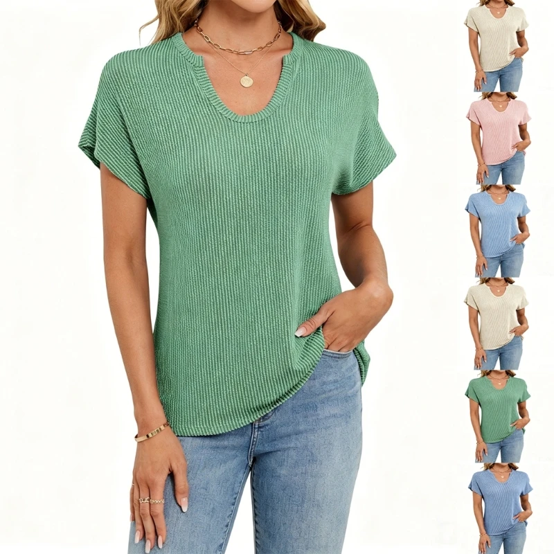 

Women's Rolled-Up V-Neck Short Sleeve T-Shirts, Cozy Basic Loose Knit Blouses 6XDA