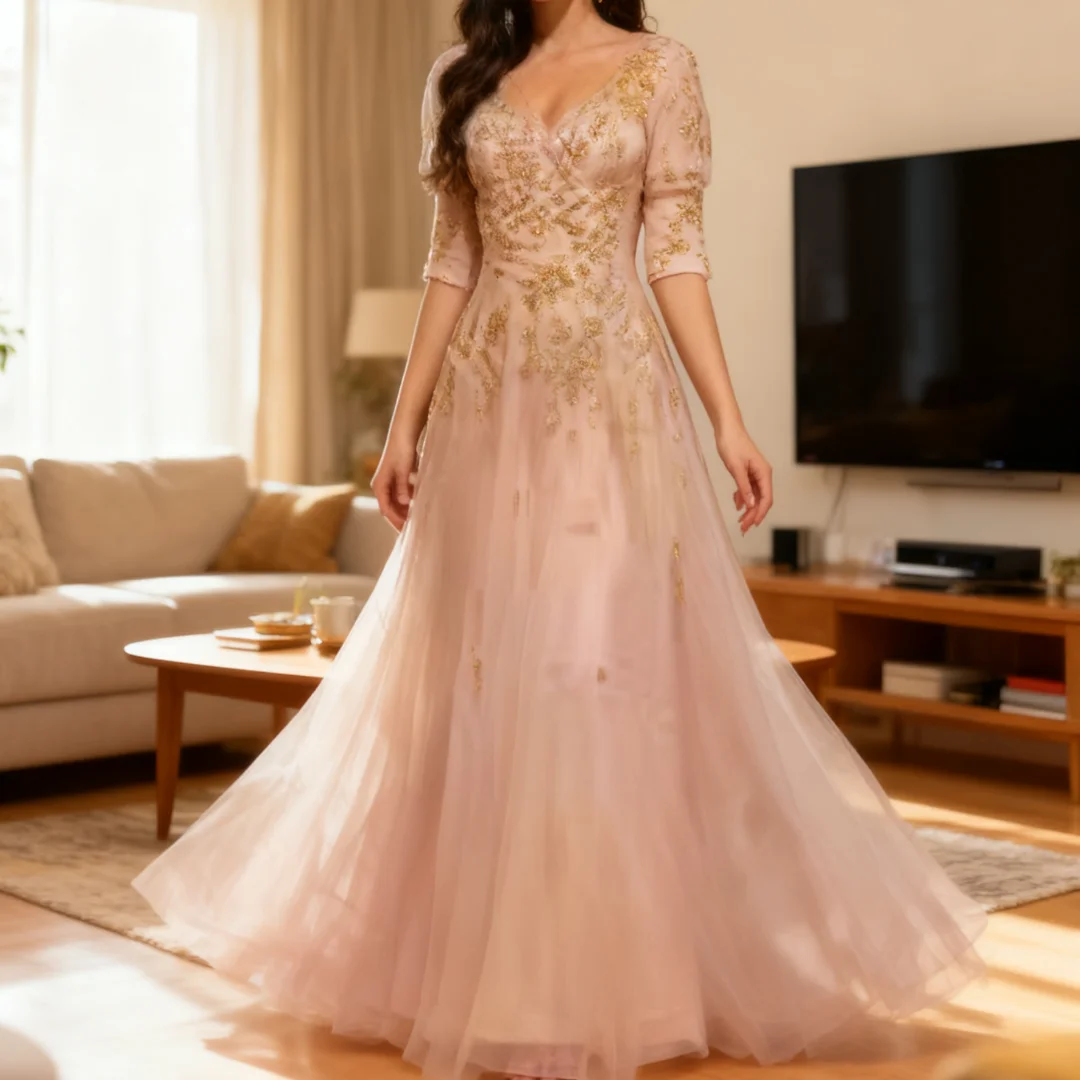 

Customized Embroider Luxury Short Sleeves Host Dress formal evening dresses birthday party prom gowns for women