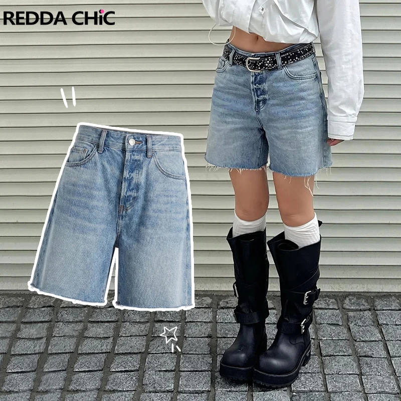

REDDACHiC Raw Edge Jean Shorts for Women Korean Versatile Plain Cleanfit Low Rise Wide Leg Bermuda Shorts Vintage Streetwear
