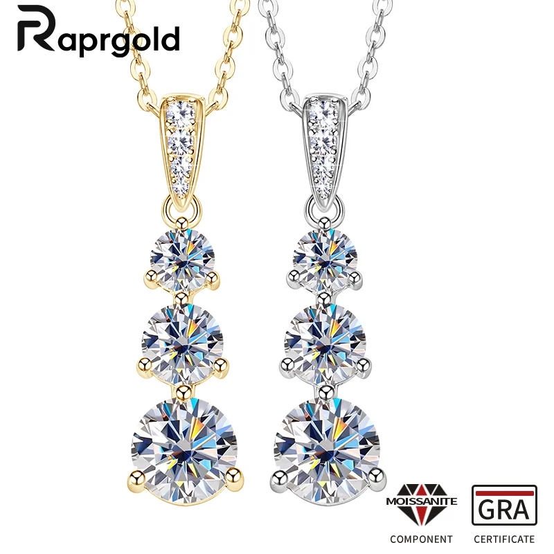 RAPRGOLD GRA Certified Round Moissanite Drop Pendant Necklace for Women S925 Sterling Silver Chains Wedding Neck Jewelry Gifts