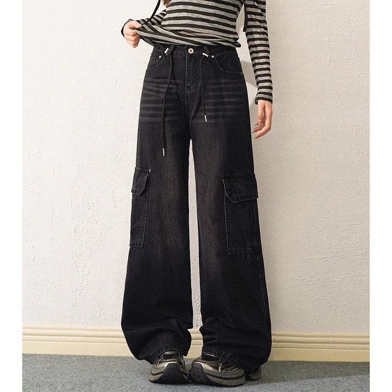Girls Fashion Thin Solid Wide Leg Jeans Female High Waist Casual Loose Denim Pants Women Retro Classic Black Trousers