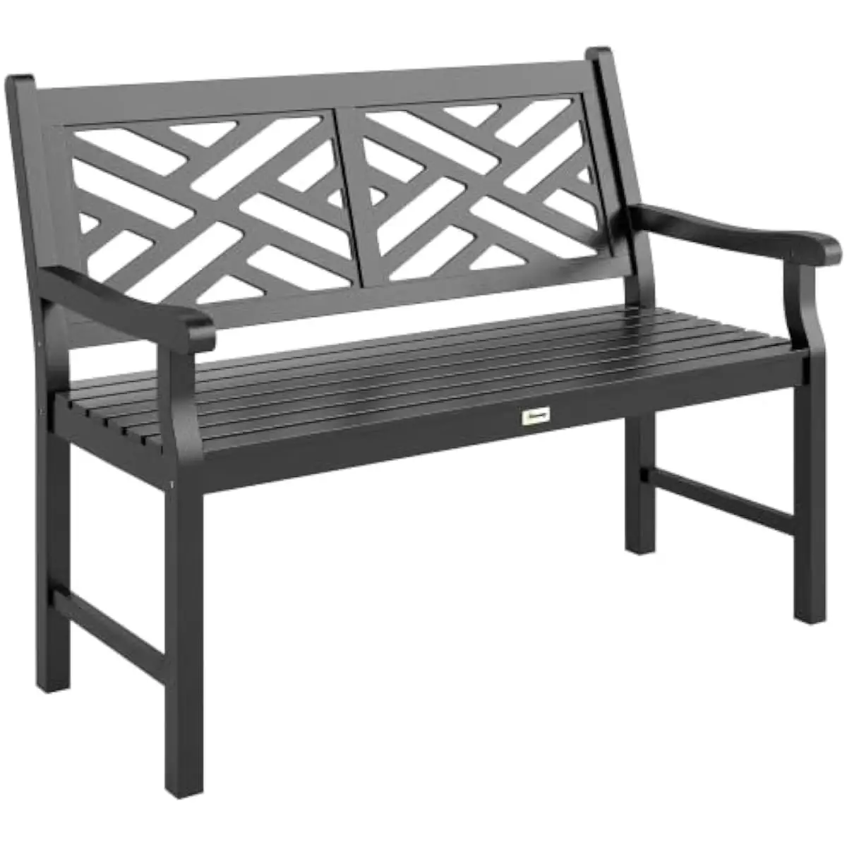Two-seat weather-resistant hardwood bench with curved frame and woven-back design for patios gardens or porches measures 46 inch