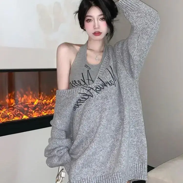 Letter Knitted Sweater Halter Vest Two-piece Set Chic Fashion Printed Loose Slim Women's Versatile Slim Autumn New Top