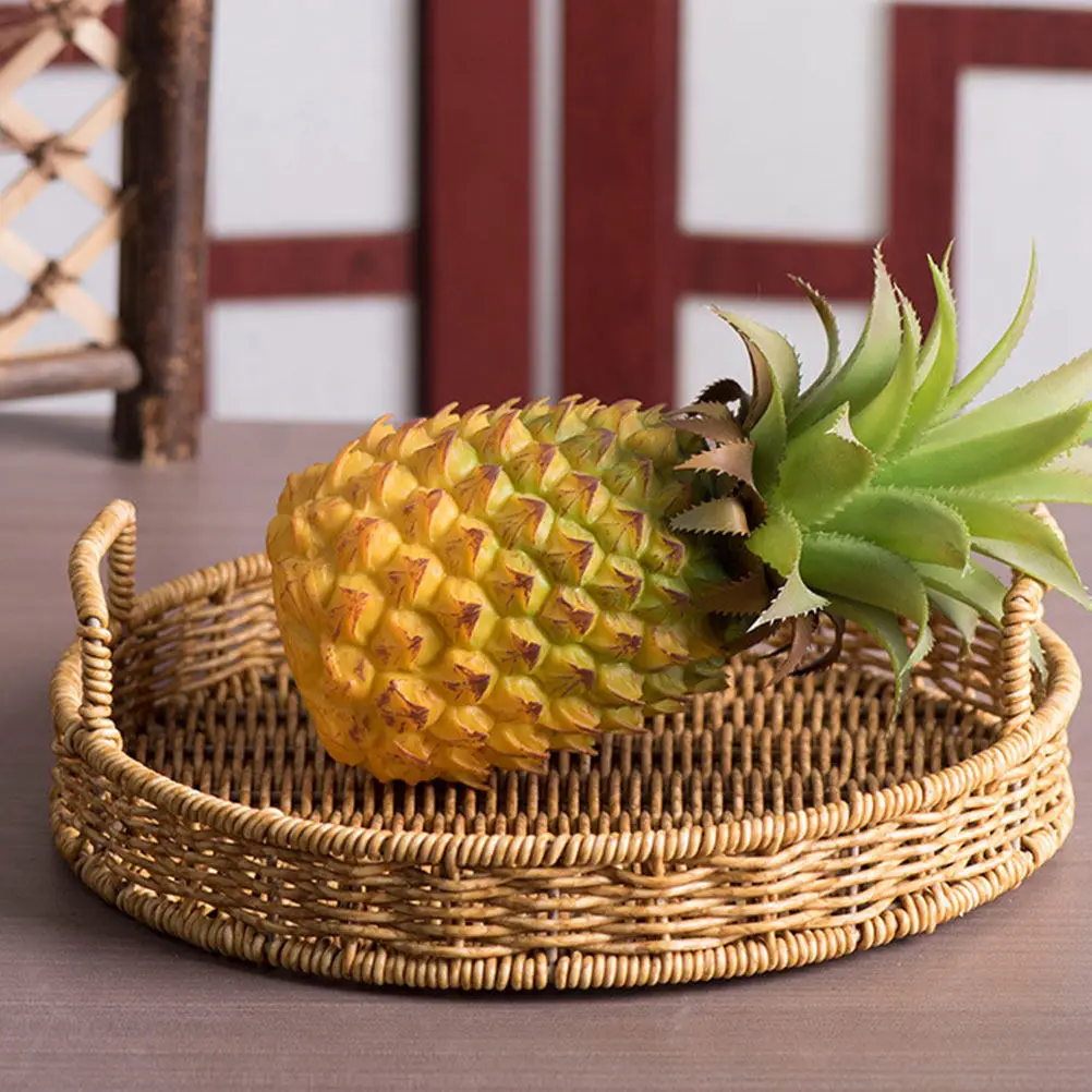 Panier de rangement rond en rotin tressé, plateau de service pour fruits et collations, idéal pour la maison, la cuisine, le bureau ou le café, style champêtre naturel