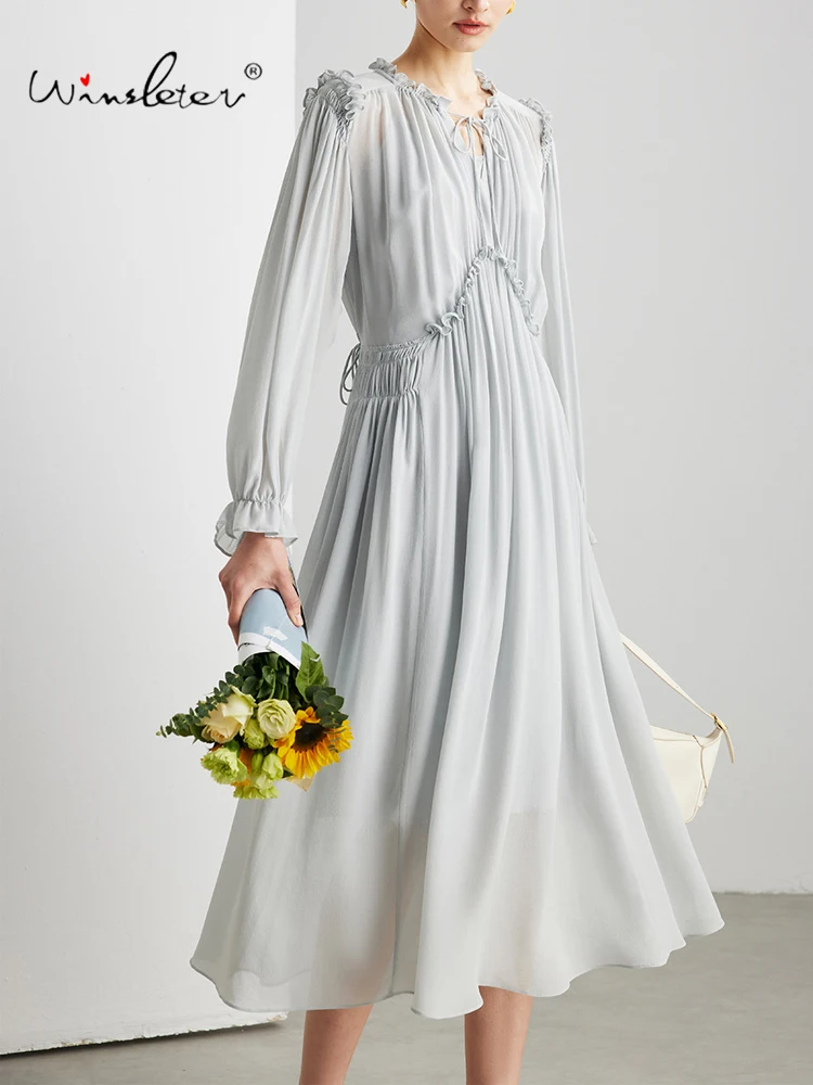 

Winsleter-100%Real Silk Qiao Qi Elegant Dress, Ruffled Flare Sleeve Solid, Women French Two-piece Dresses, 2026 Summer D64878CC