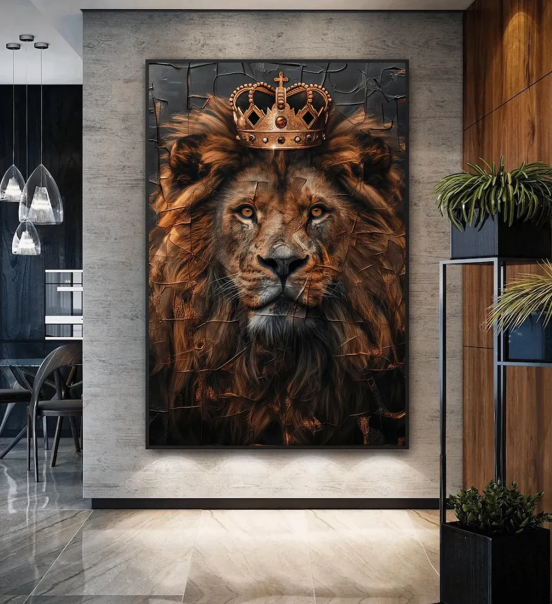 Abstrakter Löwenkronen-Kunstdruck, Abstraktes Tierporträt Leinwand-Wandkunst, für Wohnzimmer, Büro, Heimdekoration