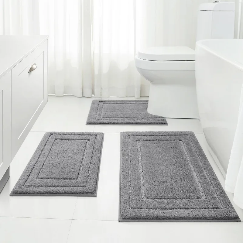 Bathroom Rugs Sets 3 Piece, Super Soft and Absorbent Non Slip Microfiber Toilet Bath Mat with U-shaped (Grey)