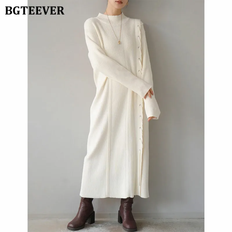 BGTEEVER Autumn Winter Loose Split Female Knitted Dress Stylish Long Sleeve O-neck Straight Sweater Dress Women