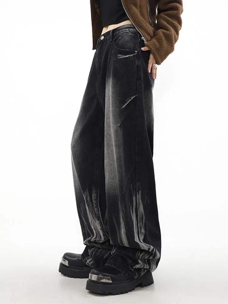 

American Waed Vintage Bla ey Tie Dye Jeans Men's Trendy Streetwear Loose Wide Leg Retro Long Trousers