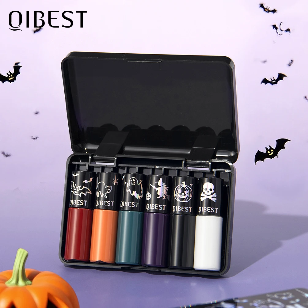 QIBEST Halloween Lipgloss Make-up-Sets, matter flüssiger Lippenstift, wasserfester roter Lipgloss, schwarzer, violetter, orangefarbener, nicht klebender Lippenstift