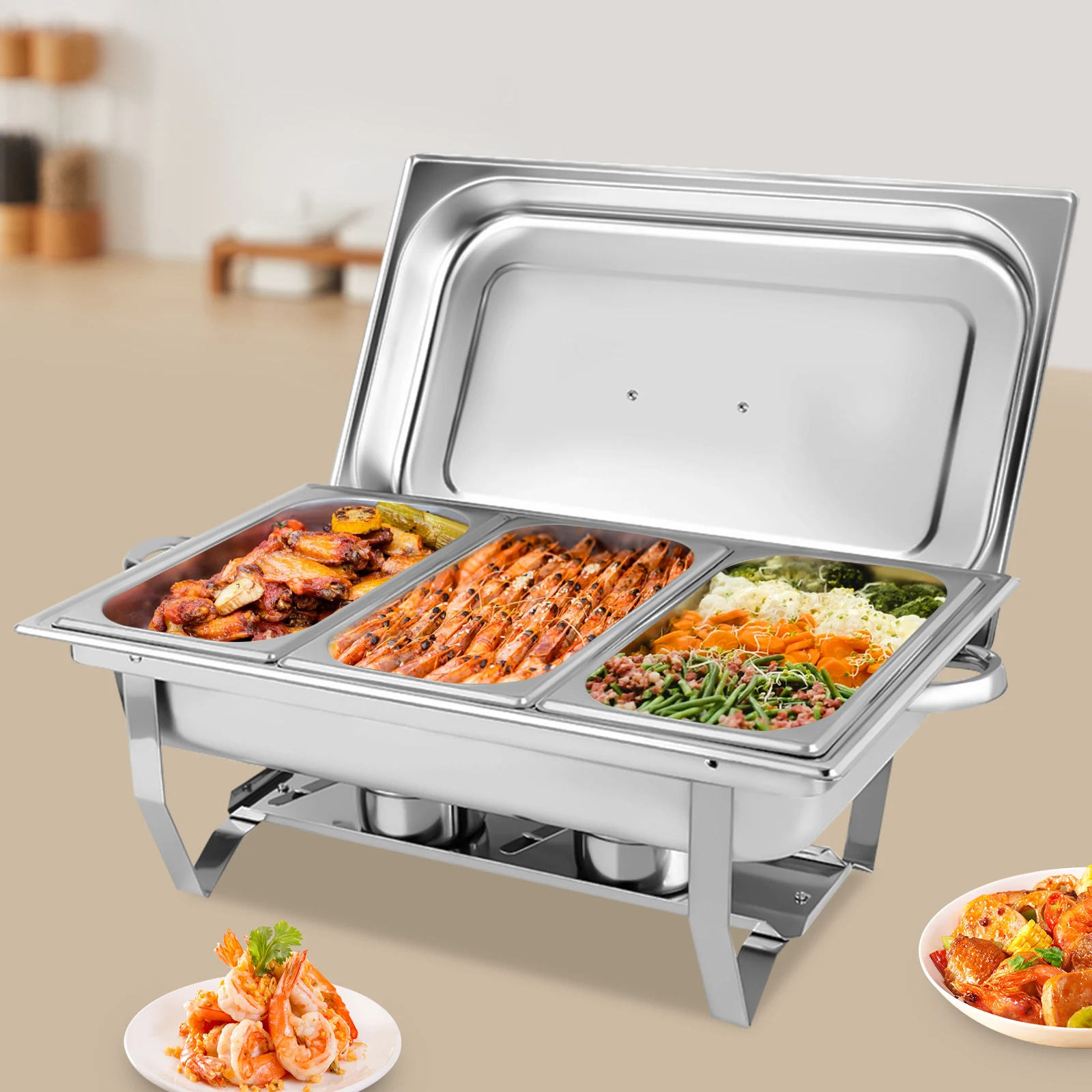 3 Lattice Chafing Dish Buffet Set Stainless Steel Chafer Complete Set Catering Buffet Servers and Warmers with Foldable Frame