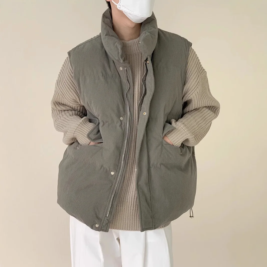 

Men's Waffle Corduroy Cotton Vest Coats Winter Thickened Stand Collar Sleeveless Jacket Loose Casual Layering Streetwear Coat