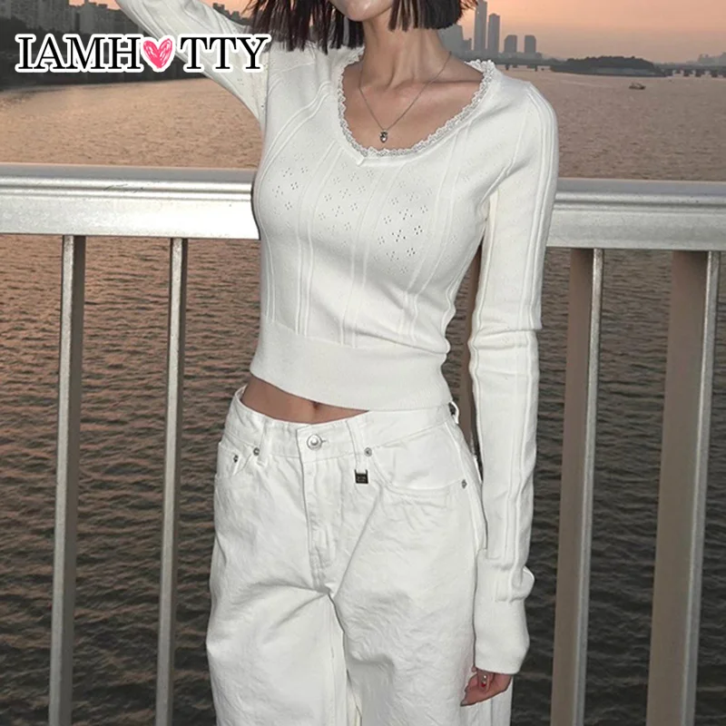 

IAMHOTTY Jacquard Knitted Cropped Top Women All-match Slim-fitting V-neck T-shirt Casual Basic Knitwear Y2K Aesthetic Tees Cute