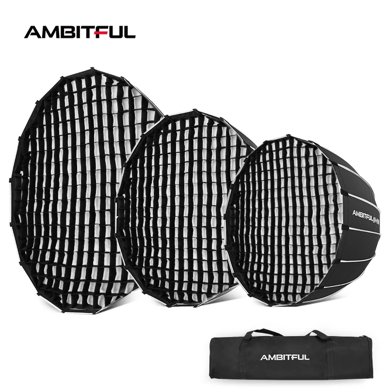 Ambitful 70CM 90CM 120CM Boîte à lumière parabolique profonde à dégagement rapide avec grille nid d'abeille pour flash à monture Bowens Elinchrom