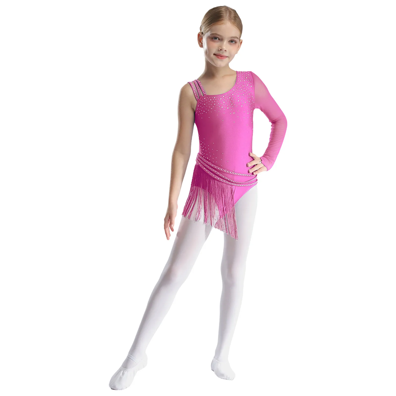 Kinderen meisjes glittery strass franje ballet jersey turnpakje kwastje bodysuit kunstschaatsen latin dansvoorstelling kostuum