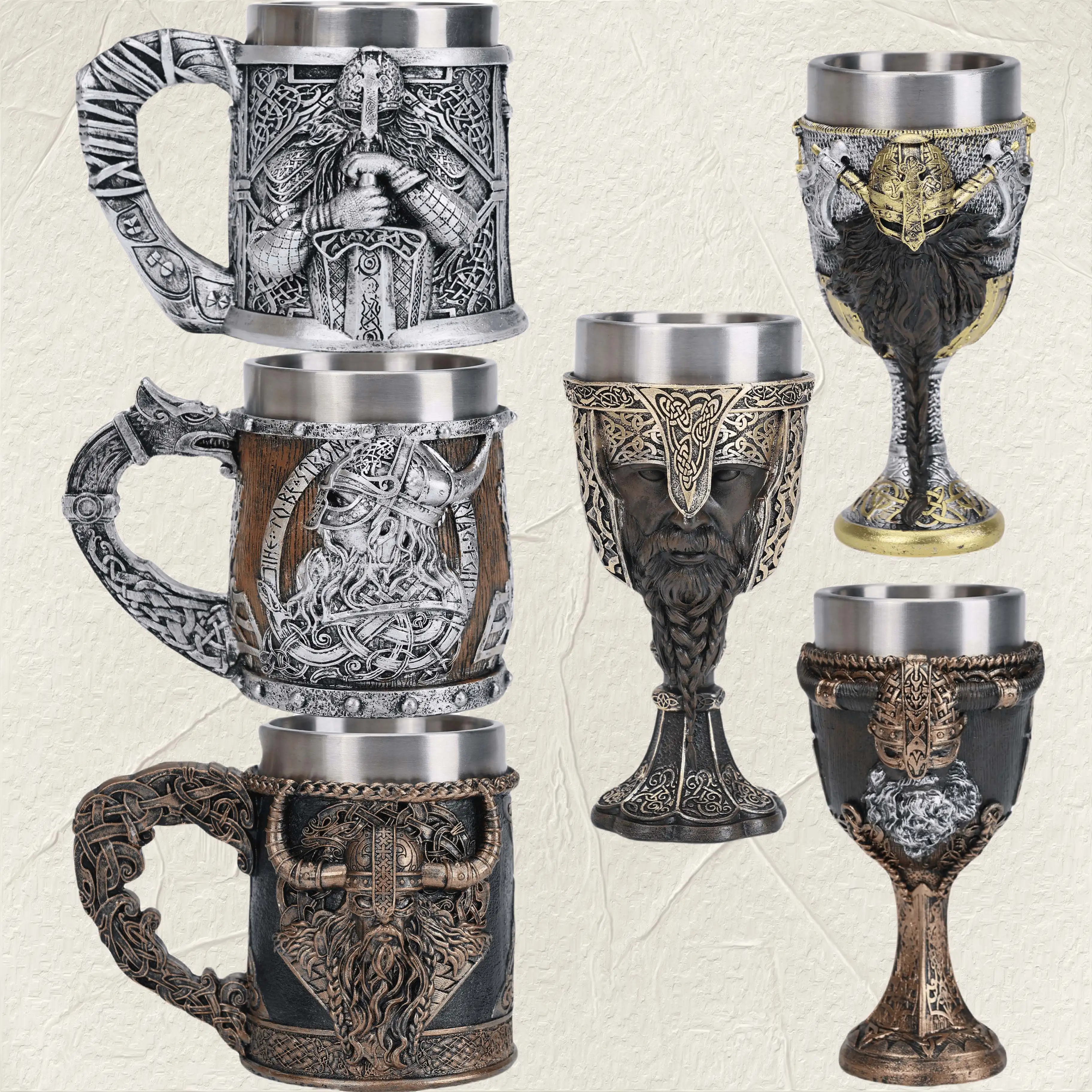 Cross-border medieval retro beer cup resin stainless steel coffee cup creative viking mug bar ornament