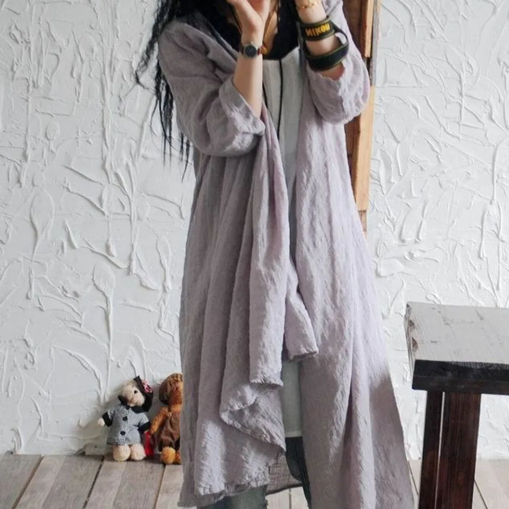 Letní volná bavlna, lněná dlouhá opalovací bunda, kabát, pevný, nepravidelný, ležérní, otevřený steh, ženy, vintage tenký kabát, topy, svrchní oblečení - náhled 4