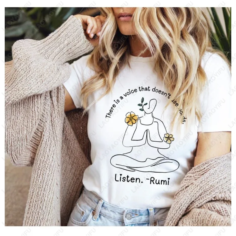 

Rumi Quote Yoga Lover Line Art Футболка Мужчины Женщины Высокое качество Хлопок Обычная одежда для отдыха с короткими рукавами Универсальные повседневные футболки Подарок