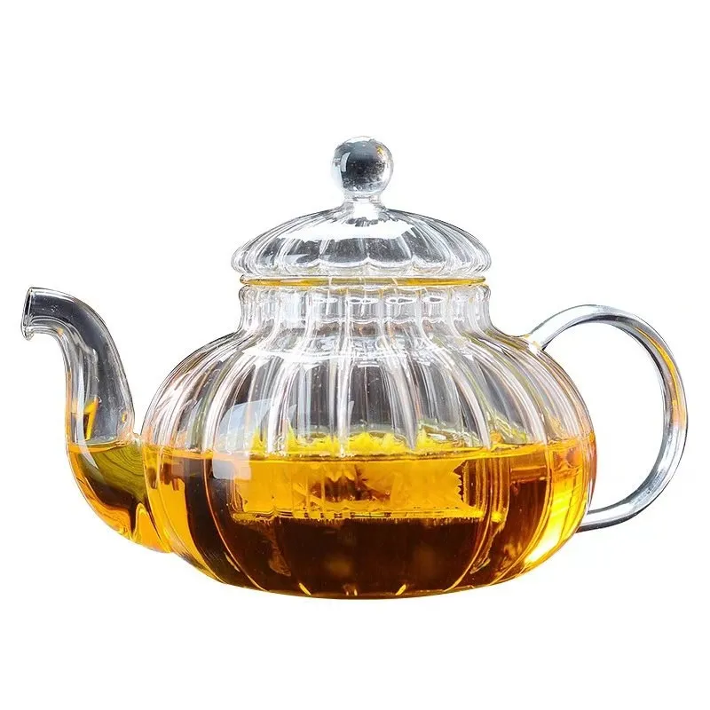 600ml Striped pumpkin shape flower teapot,Heat Resistant Glass Pot,Flower TeaCup Glass Teapot with Infuser Tea Leaf Herbal