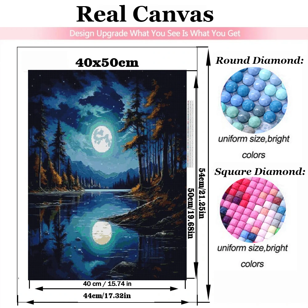 Forest Moonlight Reflection Lake 5D Diamond Painting Full Square Round Diy Diamond Mosaic Art Natural View Home Decor