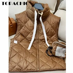 9.6 TOPACHIC-Women Quilted Argyle Plaid White Goose Down Keep Warm Vest Letter Lace-up Stand Collar Zipper Down Vests Outerwear